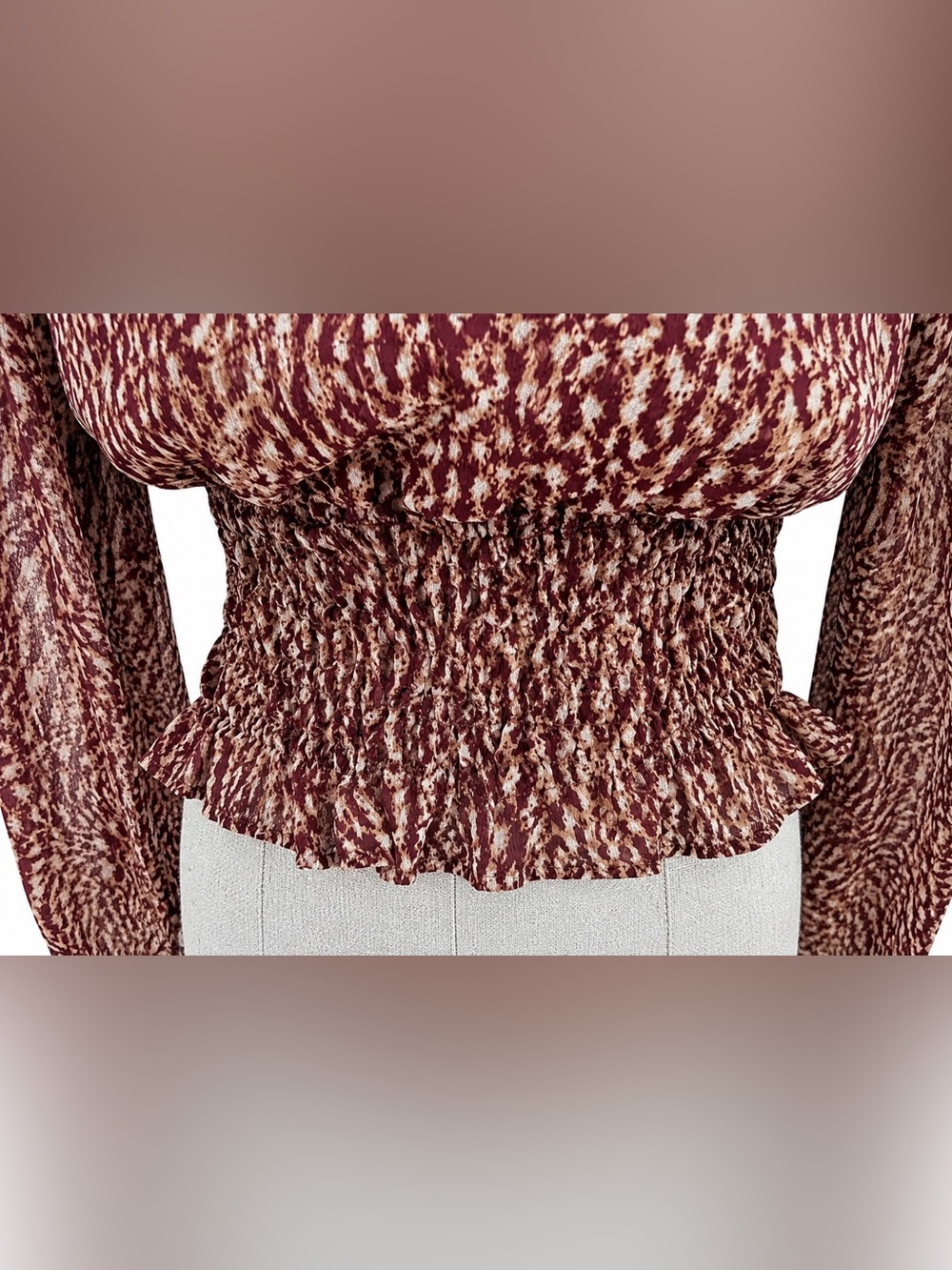 EXPRESS Maroon/Gold with Glitter Printed Long Sleeve Smocked Waist Top Blouse - Picture 3 of 11